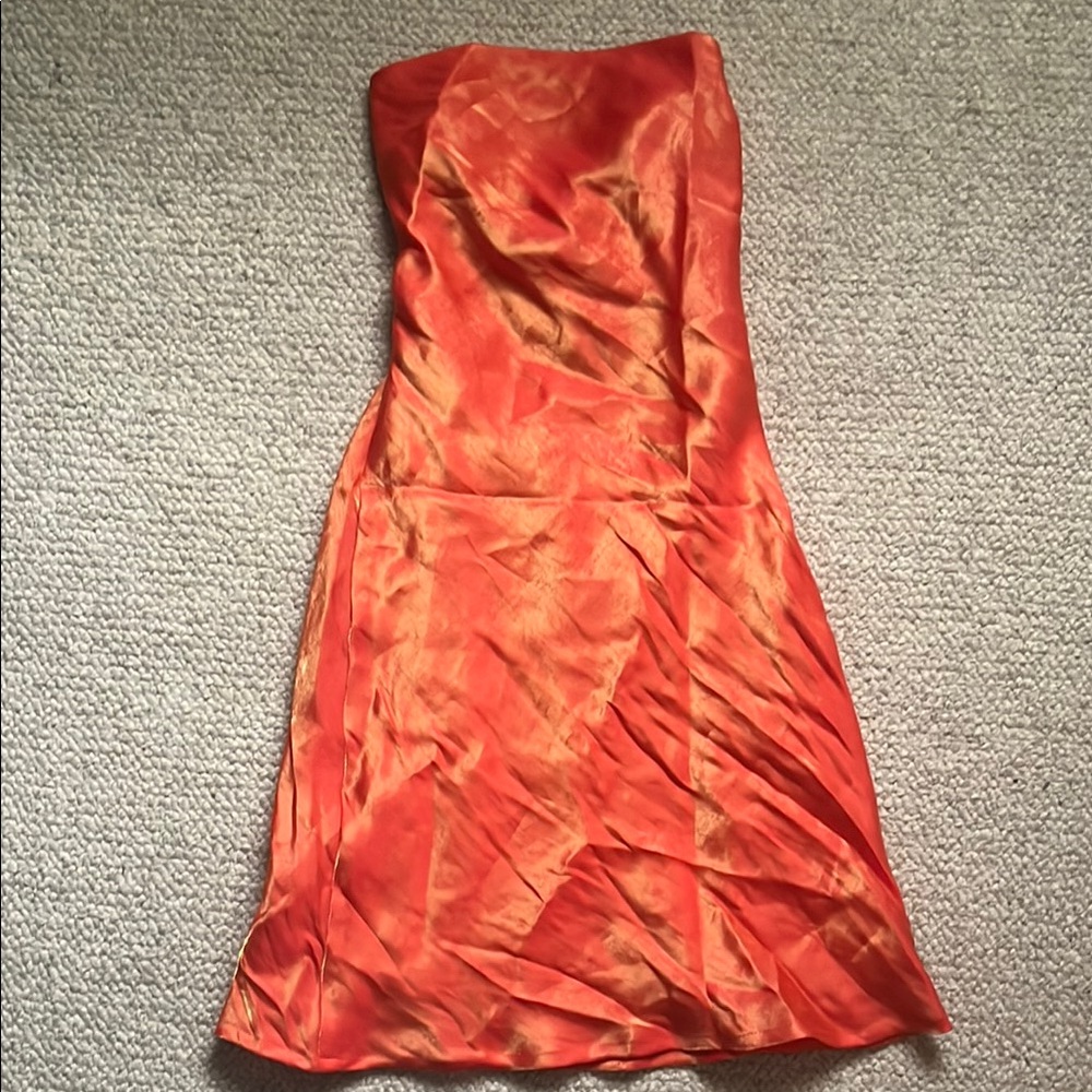 White Fox Boutique Ruched Strapless Pink Orange Sheath Dress